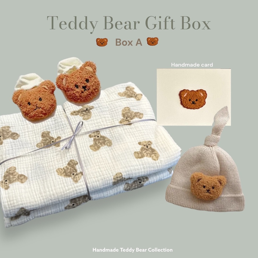 Teddy Bear baby gift box, teddy bear swaddle, teddy bear baby socks, teddy hat